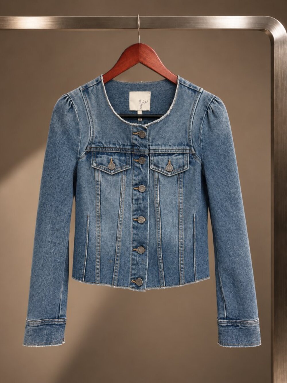 Joie Collarless Puff Sleeve Cropped Denim Jacket Raw Frayed Medium Wash XXS